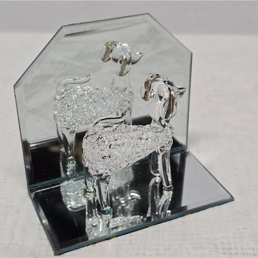 Spun Glass Poodle Dog Figurine On Mirror Stand NEW
